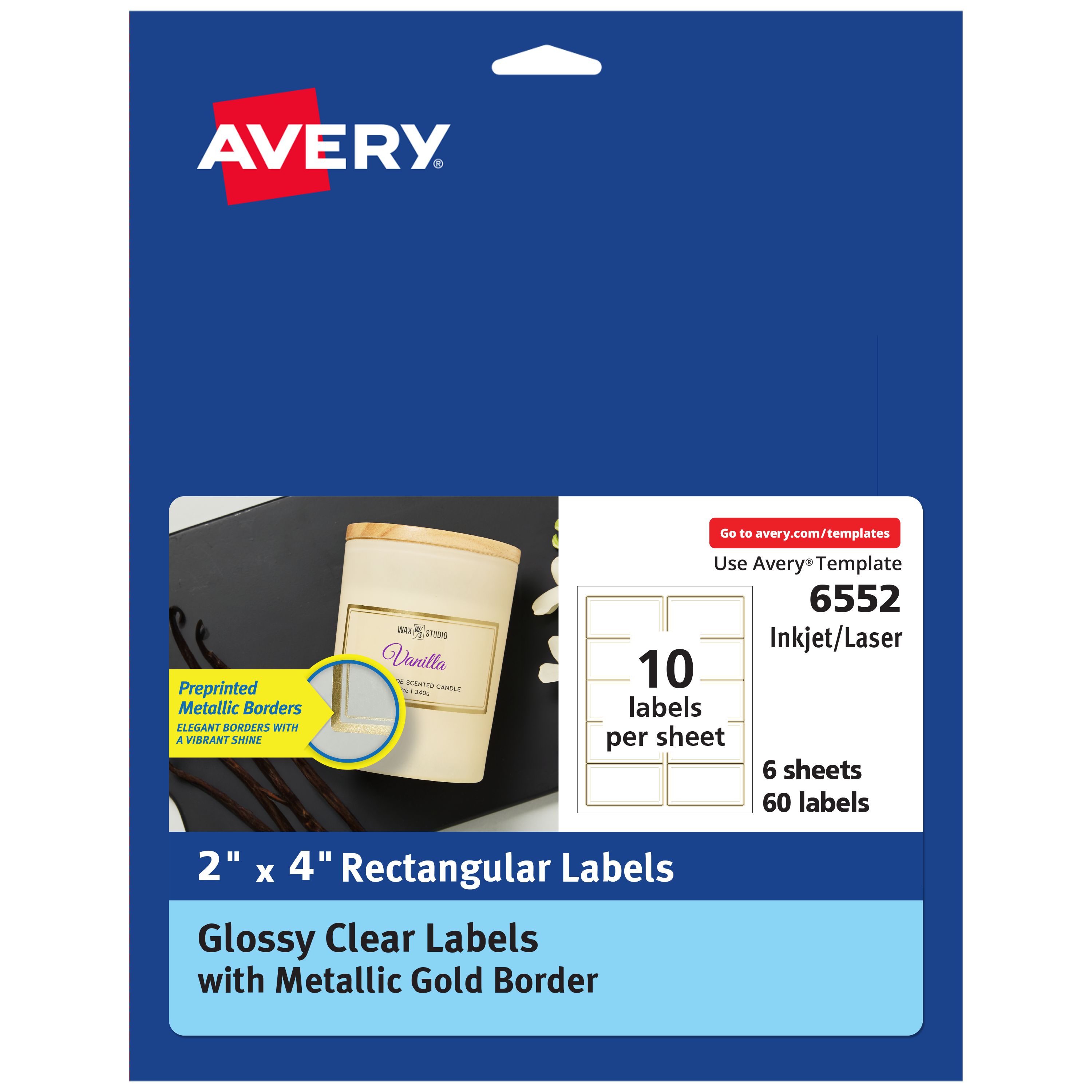 Avery printable glossy clear labels with metallic gold border 2 x 4